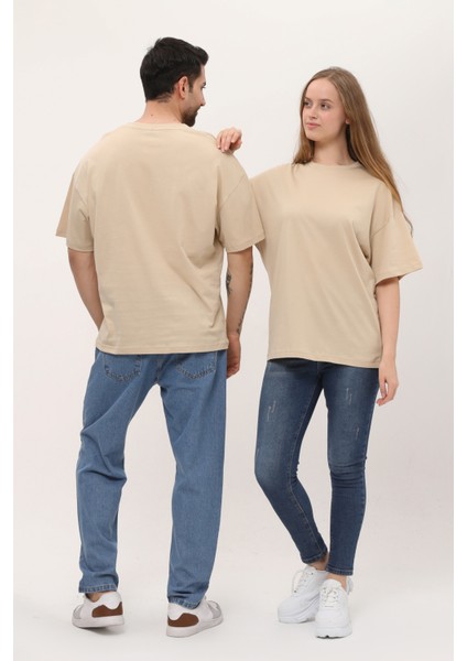 Kadın Erkek Krem Oversize Bol Kalıp Basic T-Shirt