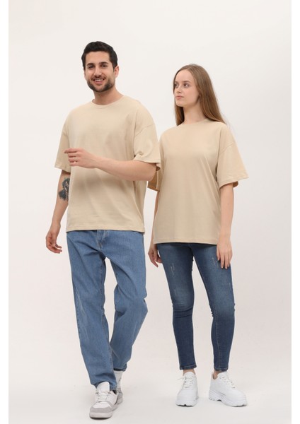 Kadın Erkek Krem Oversize Bol Kalıp Basic T-Shirt