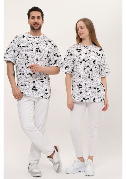 Kadın Erkek Siyah Beyaz Desenli Oversize Bol Kalıp Basic T-Shirt