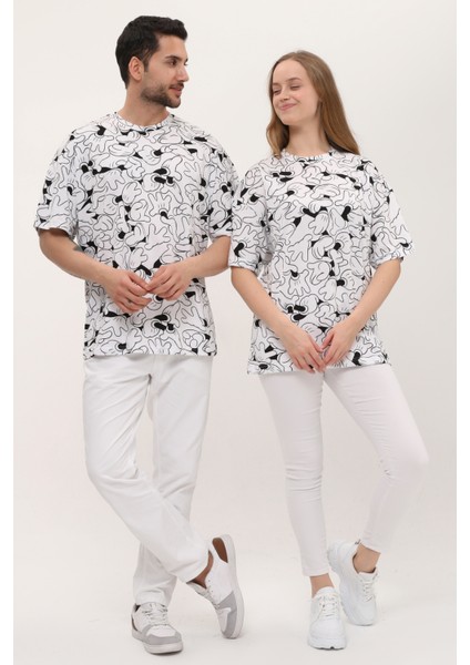 Kadın Erkek Siyah Beyaz Desenli Oversize Bol Kalıp Basic T-Shirt indirimleri