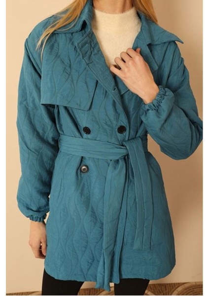 Jakar Kumaş Soğan Desen Kadın Trench-Indigo