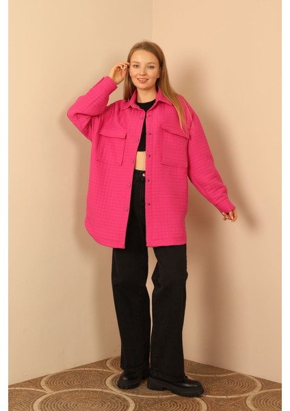 Jakar Kumaş Küçük Kare Desen Oversize Kadın Gömlek-Fuşya modelleri