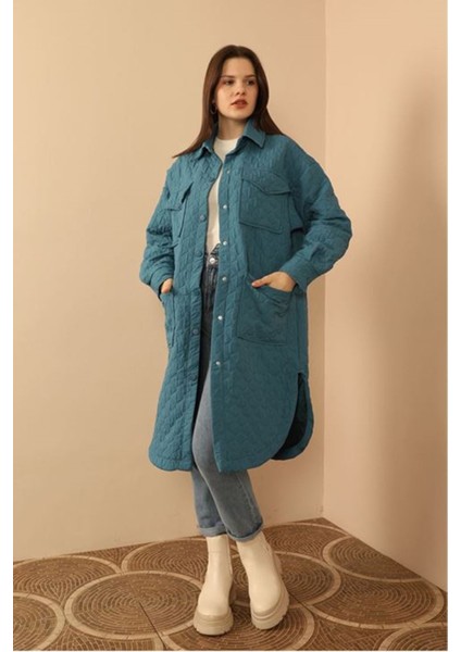 Jakar Kumaş Soğan Desen Oversize Kadın Uzun Gömlek-Indigo
