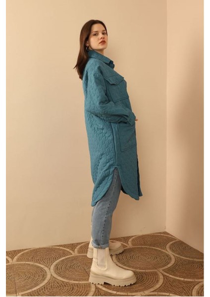 Jakar Kumaş Soğan Desen Oversize Kadın Uzun Gömlek-Indigo fiyatları
