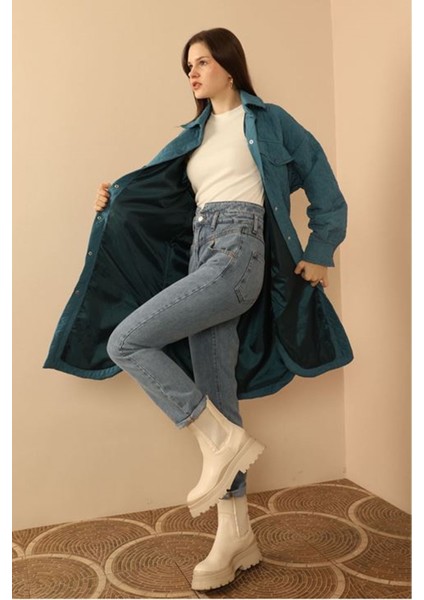 Jakar Kumaş Soğan Desen Oversize Kadın Uzun Gömlek-Indigo fırsatları