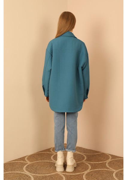 Jakar Kumaş Küçük Kare Desen Oversize Kadın Gömlek-Indigo fiyatları