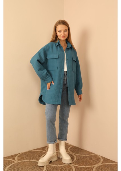 Jakar Kumaş Küçük Kare Desen Oversize Kadın Gömlek-Indigo modelleri