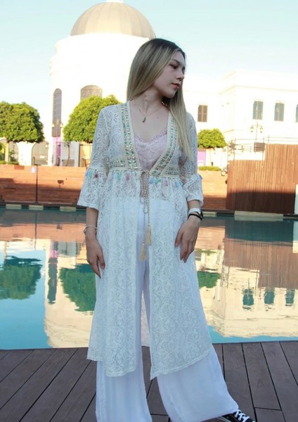 Kadın Belden Bağcıklı Püskül Detaylı Kimono