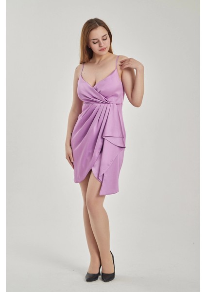 Kadın Askılı Mini Saten Abiye Elbise