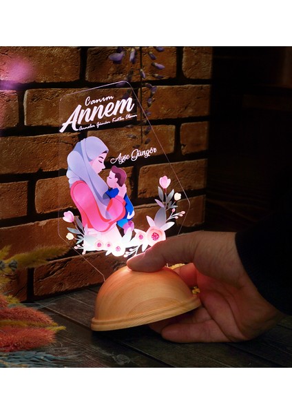 Tesettürlü Anneye Hediye Kişiye Özel Anne Bebek LED Lamba, Anneler Gününe Özel Hediyesi Gece Lambası