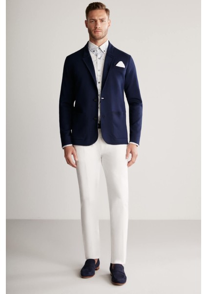 Lacivert Giza Pamuk Triko Blazer Ceket