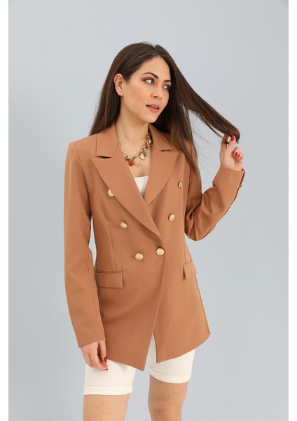 Blazer Fleto Cepli Atlas Kumaş Ceket - Camel