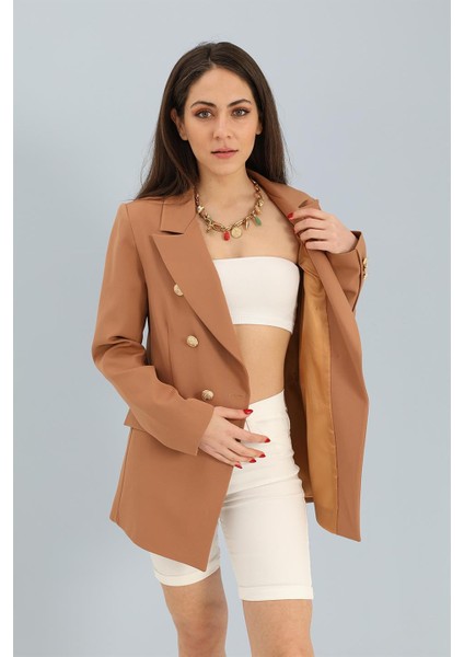 Blazer Fleto Cepli Atlas Kumaş Ceket - Camel