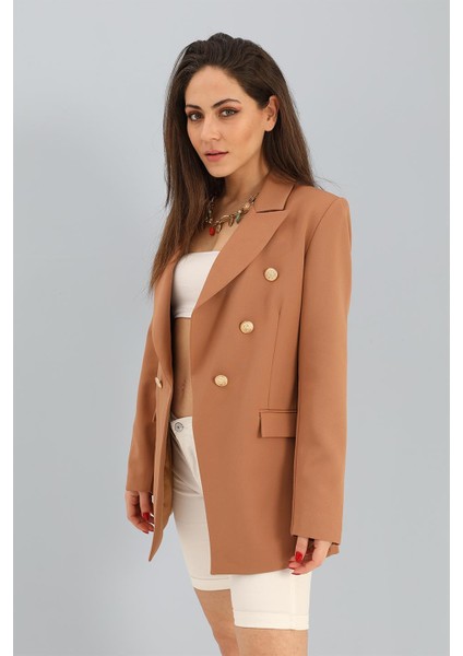 Blazer Fleto Cepli Atlas Kumaş Ceket - Camel