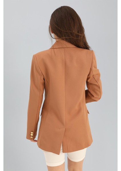 Blazer Fleto Cepli Atlas Kumaş Ceket - Camel
