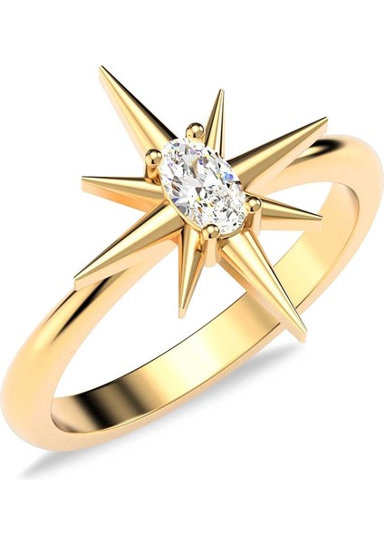 Kutup Yıldızı Tek Taş Altın Kaplama Gümüş Yüzük