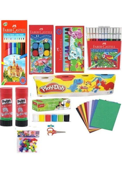 Faber Castel 12'li (Kuruboya-Sulu-Pastel-Keçeli) Prit - Playdoh - Lets Parmak - Eva - Ponpon Makas