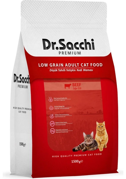 Dr.sacchi Premium Düşük Tahıllı Sığır Etli Yetişkin Kedi Maması 1,5 kg