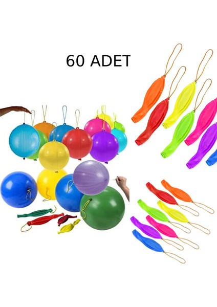 60 Adet Lastikli Zıpzıp Balon Ipli Punch Panç Büyük Balon