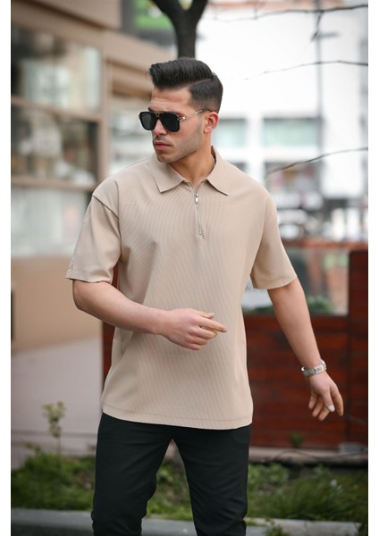 Fitilli Yarım Fermuar Oversize T-Shirt - Bej