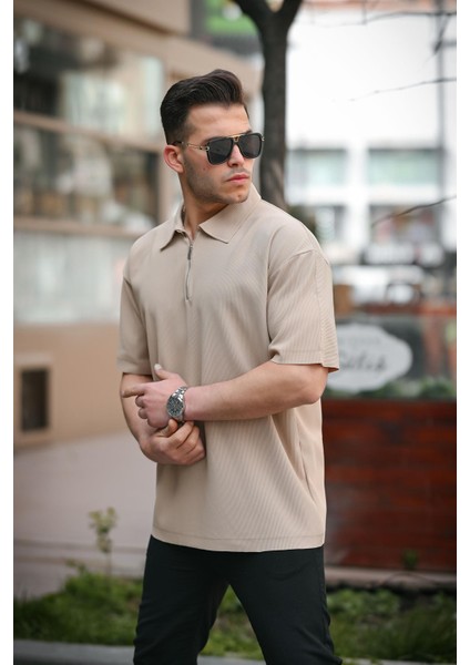 Fitilli Yarım Fermuar Oversize T-Shirt - Bej modelleri