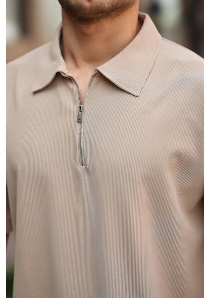 Fitilli Yarım Fermuar Oversize T-Shirt - Bej