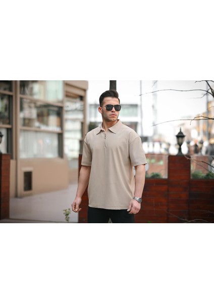 Fitilli Yarım Fermuar Oversize T-Shirt - Bej