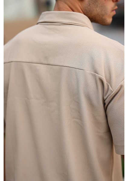 Fitilli Yarım Fermuar Oversize T-Shirt - Bej