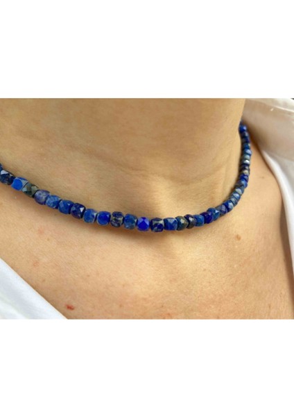 Sertifikalı Kadın Lapis Lazuli Taşı Doğaltaş Kolye Kare Faset