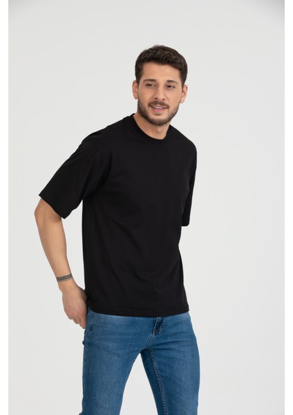 Bisiklet Yaka T-Shirt Siyah Oversize modelleri