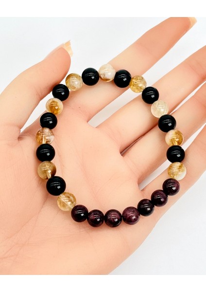 Sertifikalı Lal Garnet - Dönüşümlü Sitrin - Obsidyen Bileklik 8 mm Unisex
