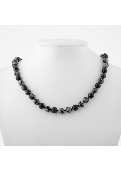 Karlı Obsidyen 8 mm Düğümlü Doğal Taş Kolye