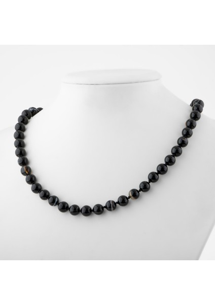 Siyah Göz Akik 8 mm Düğümlü Doğal Taş Kolye