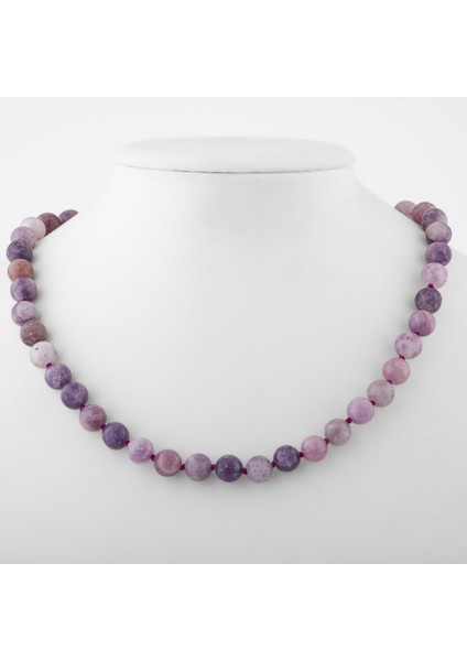 Lepidolit 8 mm Düğümlü Doğal Taş Kolye