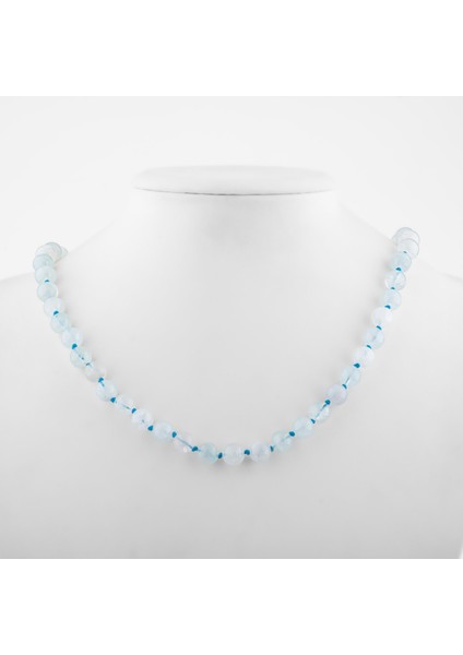 Akuamarin 8 mm Düğümlü Doğal Taş Kolye