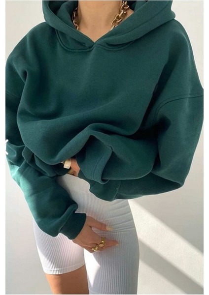 Unisex Koyu Yeşil Oversize İçi Puflu Kapüşonlu Bol Kalıp Sweatshirt Hoodie fiyatları