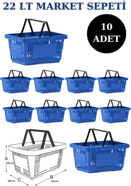 10 Adet 22 Litre Market Sepeti, Alışveriş Sepeti, Saplı Market Sepeti