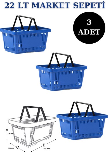 3 Adet 22 Litre Market Sepeti, Alışveriş Sepeti, Saplı Market Sepeti