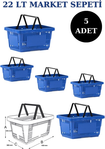 5 Adet 22 Litre Market Sepeti, Alışveriş Sepeti, Saplı Market Sepeti