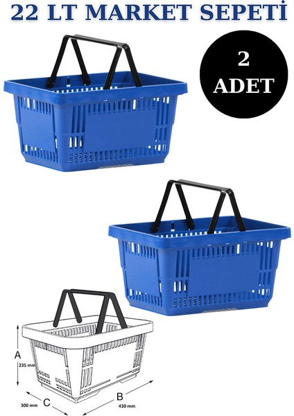 2 Adet 22 Litre Market Sepeti, Alışveriş Sepeti, Saplı Market Sepeti