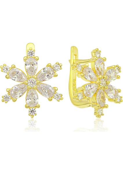 Gümüş Gold Beyaz Lotus Çiçeği Kadın Küpe