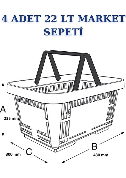 2 Adet 22 Litre Market Sepeti, Alışveriş Sepeti, Saplı Market Sepeti