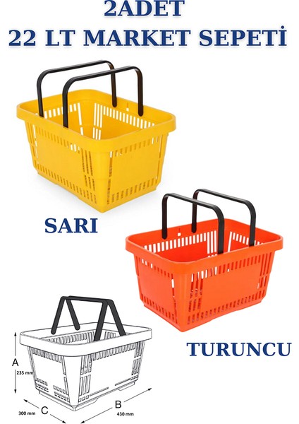 2 Adet 22 Litre Market Sepeti, Alışveriş Sepeti, Saplı Market Sepeti