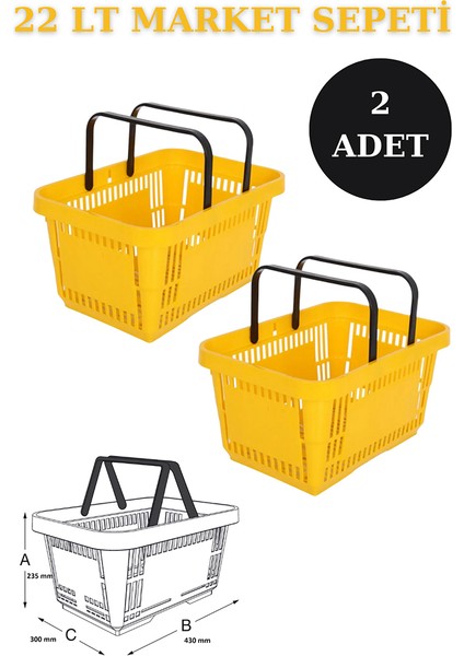 2 Adet 22 Litre Market Sepeti, Alışveriş Sepeti, Saplı Market Sepeti