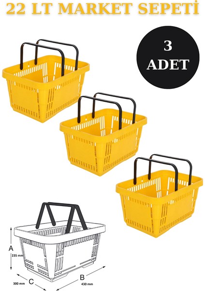 3 Adet 22 Litre Market Sepeti, Alışveriş Sepeti, Saplı Market Sepeti