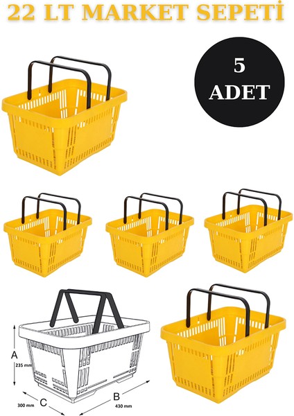 5 Adet 22 Litre Market Sepeti, Alışveriş Sepeti, Saplı Market Sepeti