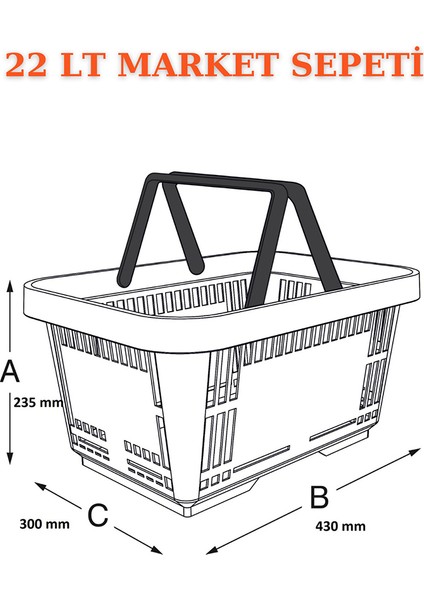 1 Adet 22 Litre Market Sepeti, Alışveriş Sepeti, Saplı Market Sepeti
