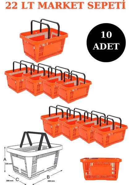 10 Adet 22 Litre Market Sepeti, Alışveriş Sepeti, Saplı Market Sepeti