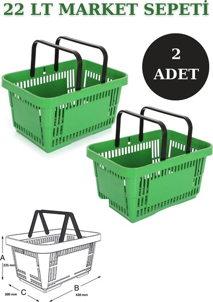 2 Adet 22 Litre Market Sepeti, Alışveriş Sepeti, Saplı Market Sepeti