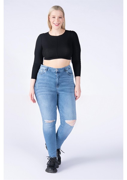 Büyük Beden Mavi Yüksek Bel Diz Lazer Skinny Jeans